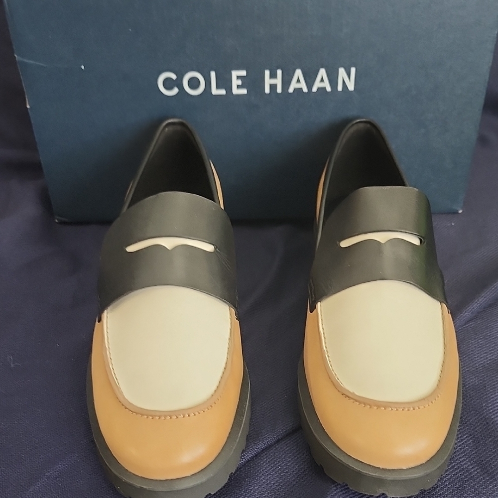 Cole Haan Tan and Black Slip-On Loafers with Modern Design - Picture 2 of 9
